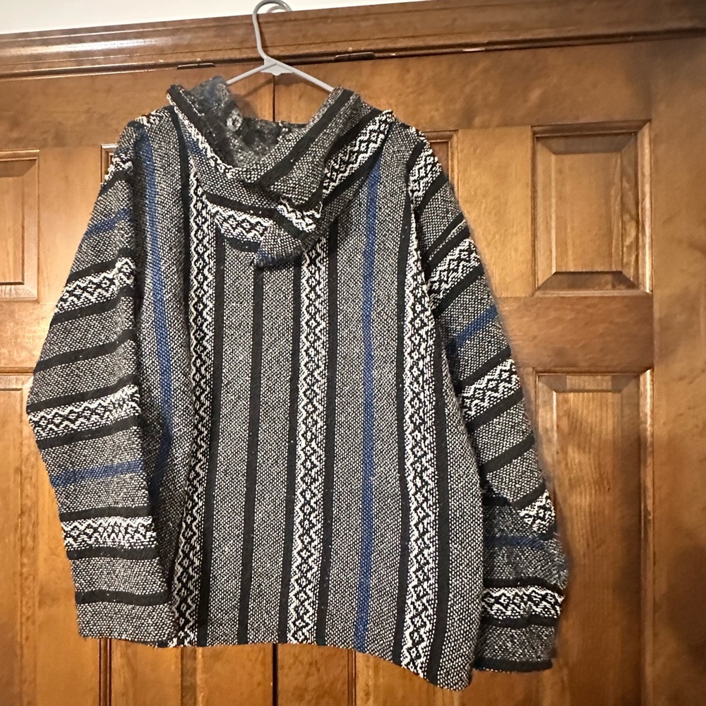 Baja Joe Gray Striped Mexican Baja Hooded Poncho - Small - Picture 2 of 12